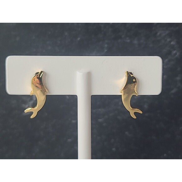 Gold Tone Dolphin Shaped Stud Earrings Vintage Costume Jewelry - Picture 2 of 10